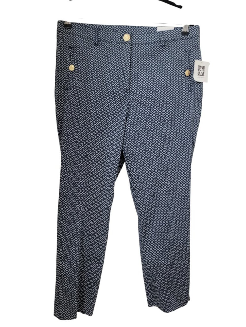 Anne Klein Size 10 Navy Blue w/White Geometric Pattern Slim Crop Pants, NEW